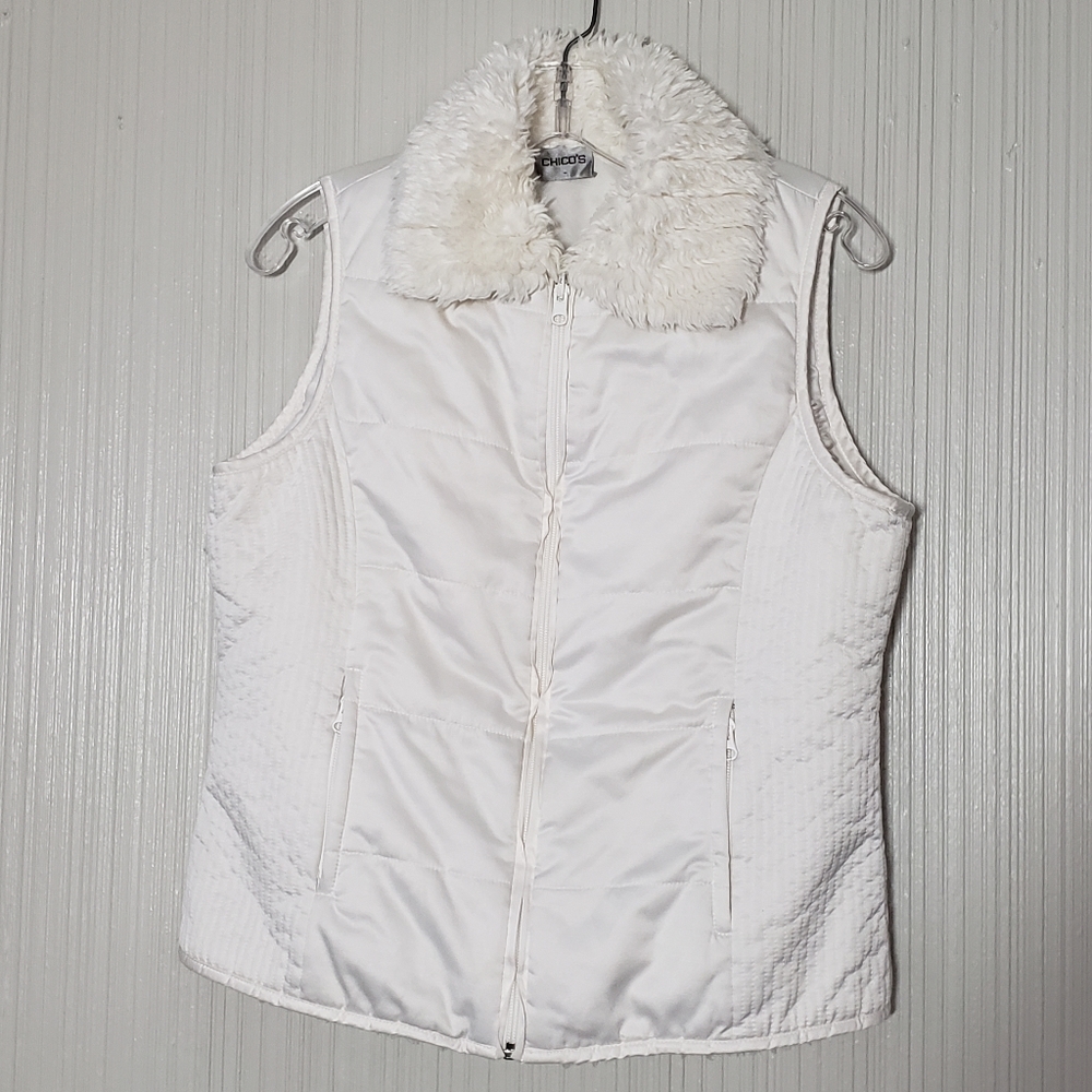 Chico's White Faux Fur Lined, Insulated Vest, Sz 1,  US Medium